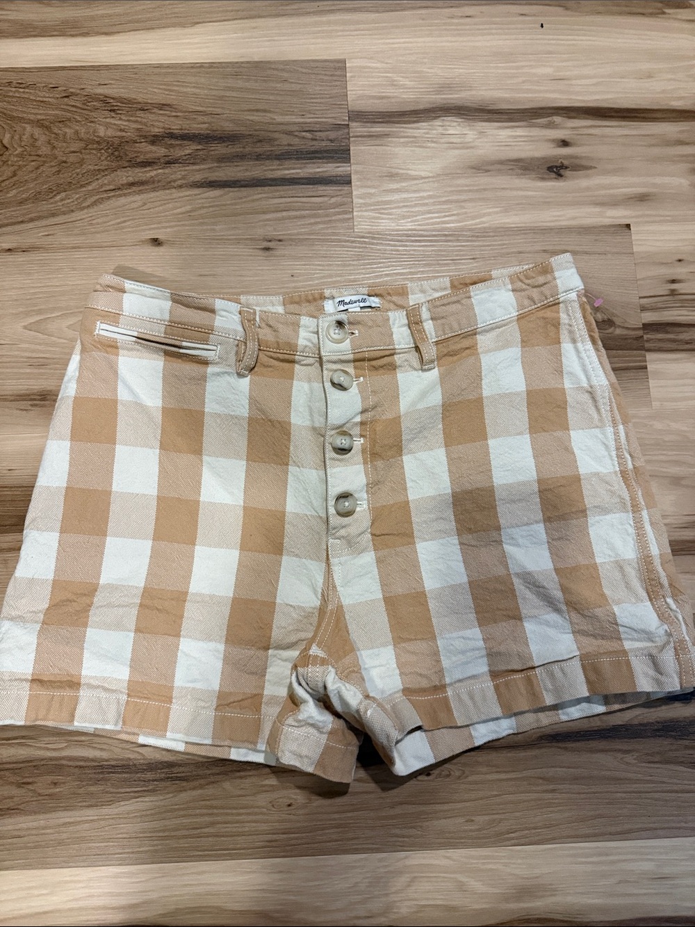 Madewell Beige and White Gingham Button-Front Jean Shorts